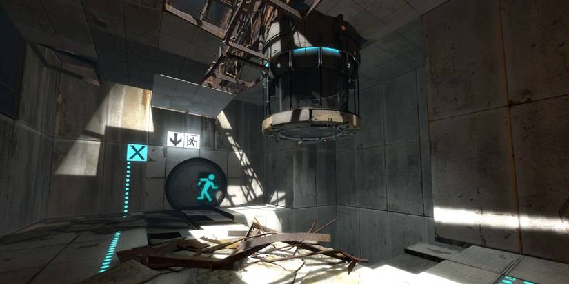 A partly ruined testing chamber in Portal 2.
