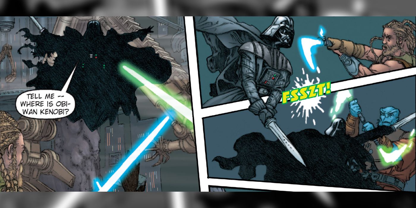 Darth Vader usa uma espada contra um Jedi em Star Wars.