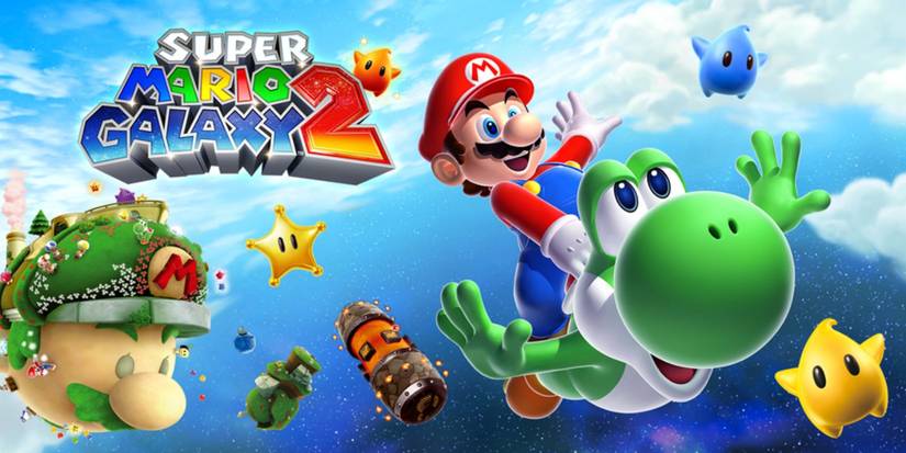 Arte principal de Super Mario Galaxy 2 com Mario voando pelo espaço com Yoshi.