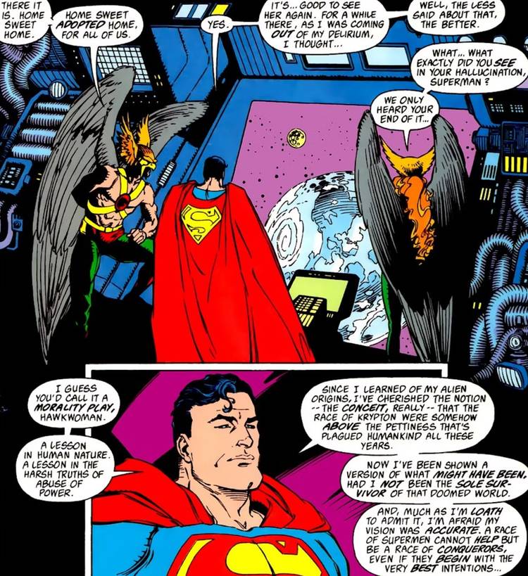 superman tells hawkman and hawkgirl his doubts about krypton