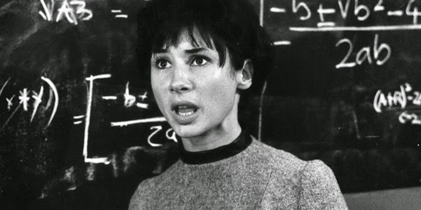 Carole Ann Ford as Susan Foreman talking to someone in a classroom in Doctor Who.