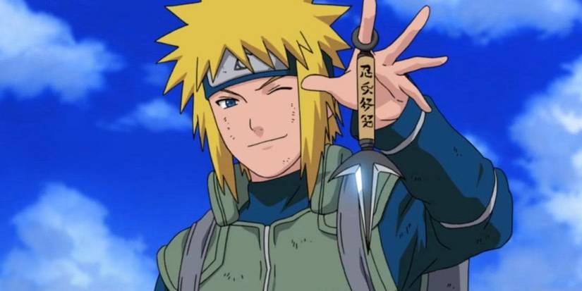 Minato from naruto holding up a kunai and winking.