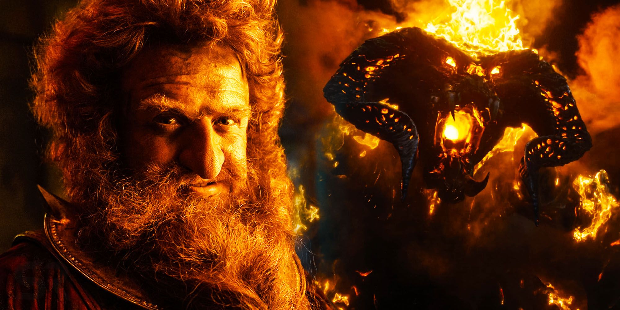 Owain Aruthur as Prince Durin juxtaposed with the Balrog in The Lord of the Rings The Rings of Power season 2