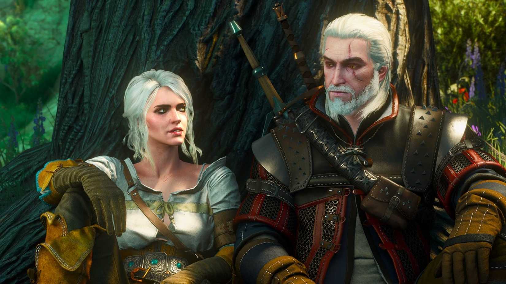 Image of Geralt and Ciri resting underneath a tree.