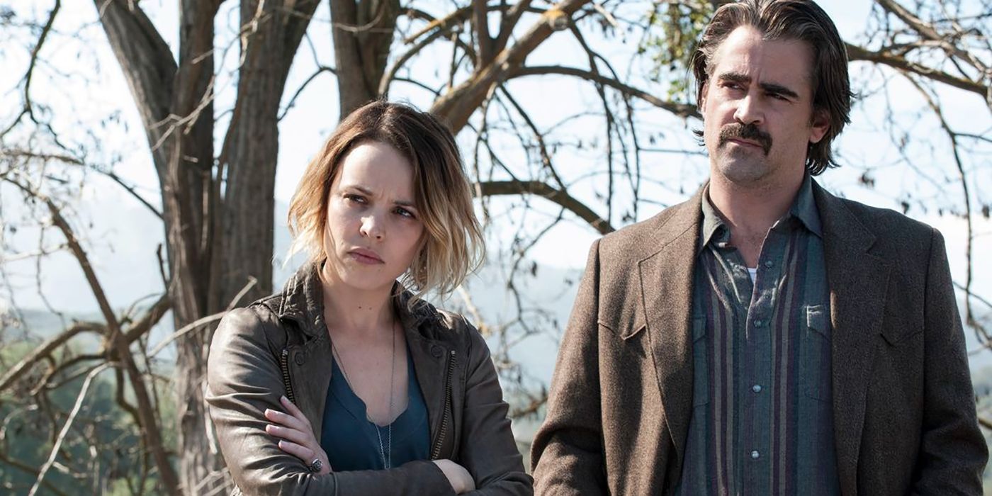 Rachel McAdams, arms folded beside Colin Farrell in a scene from True Detective season 2.