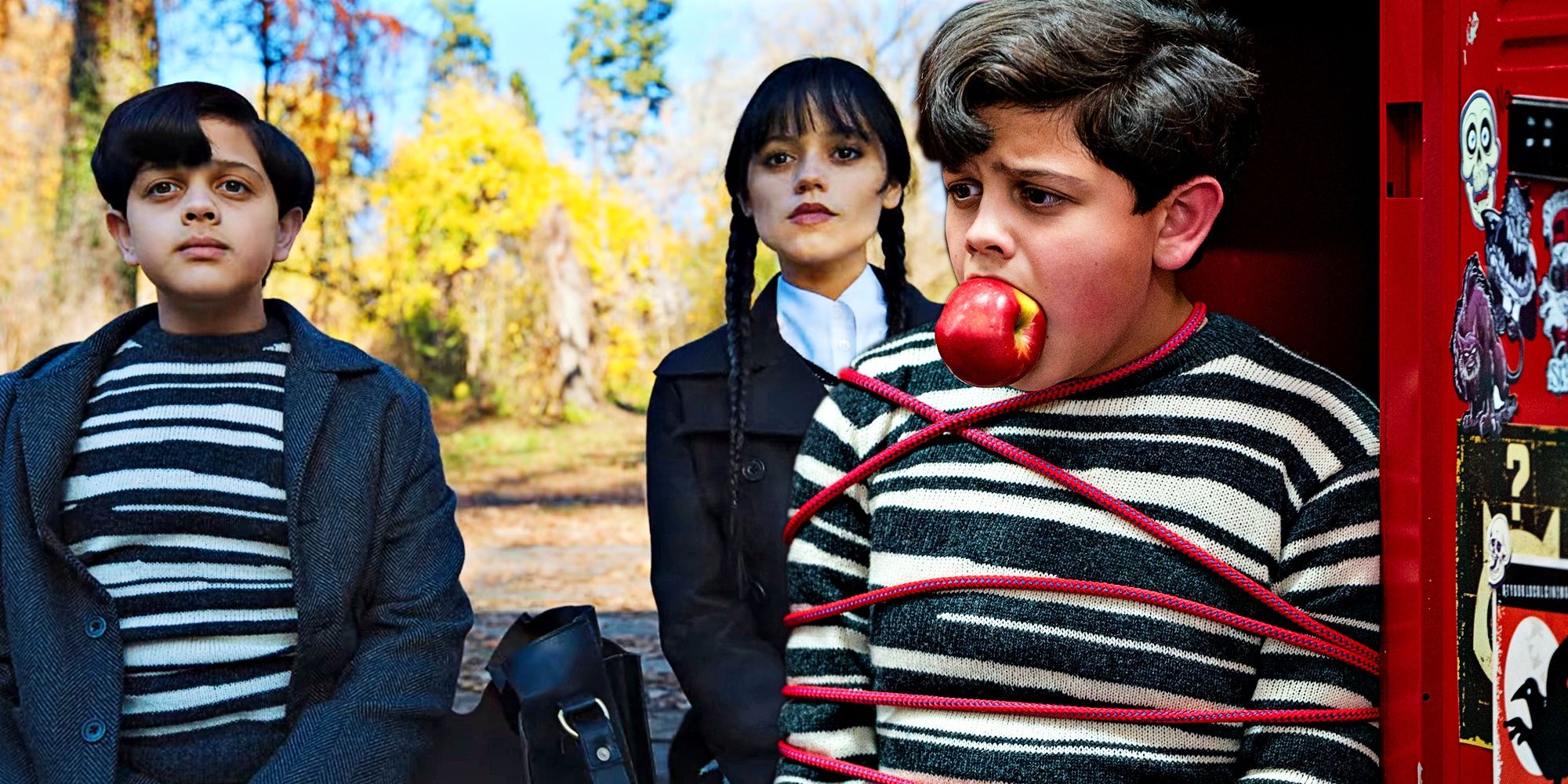 Pugsley Addamswith an apple in his mouth in Wednesday.