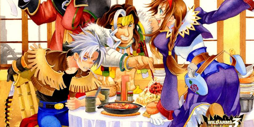 אומנות מפתח של Wild Arms 3 שמציגה את השחקנים הראשיים יחד במסעדה.