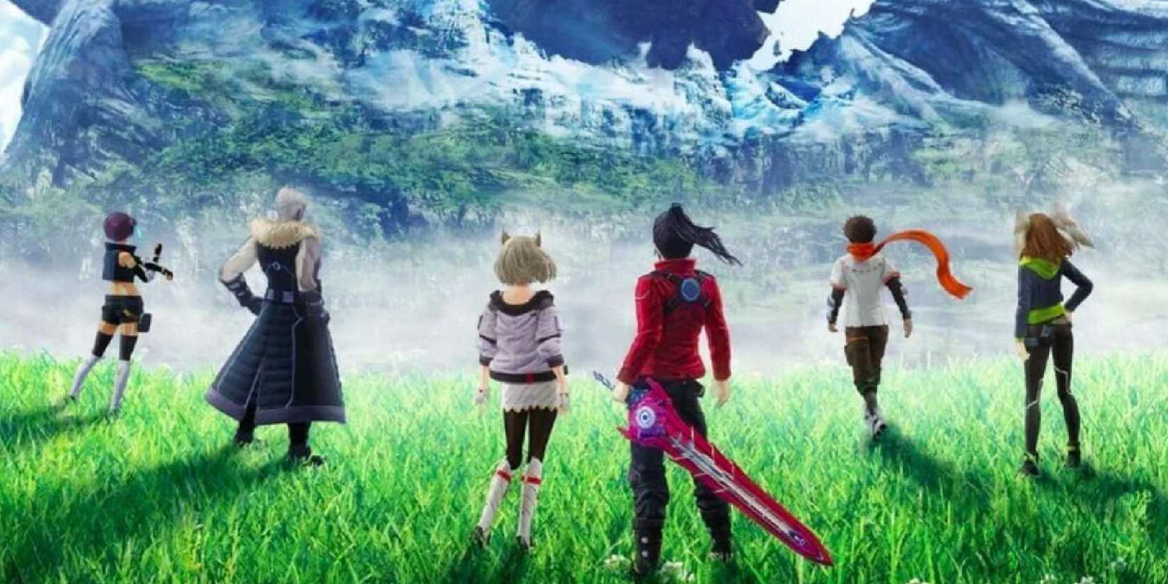 Xenoblade Chronicles 3 Cover Art of the main characters overlooking a cliff.