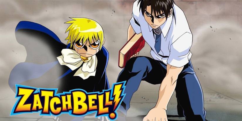 A promotional image for the anime Zatch Bell with two characters crouching down-1