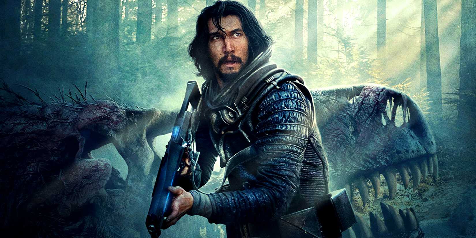 Adam Driver in front of a t rex skeleton in 65