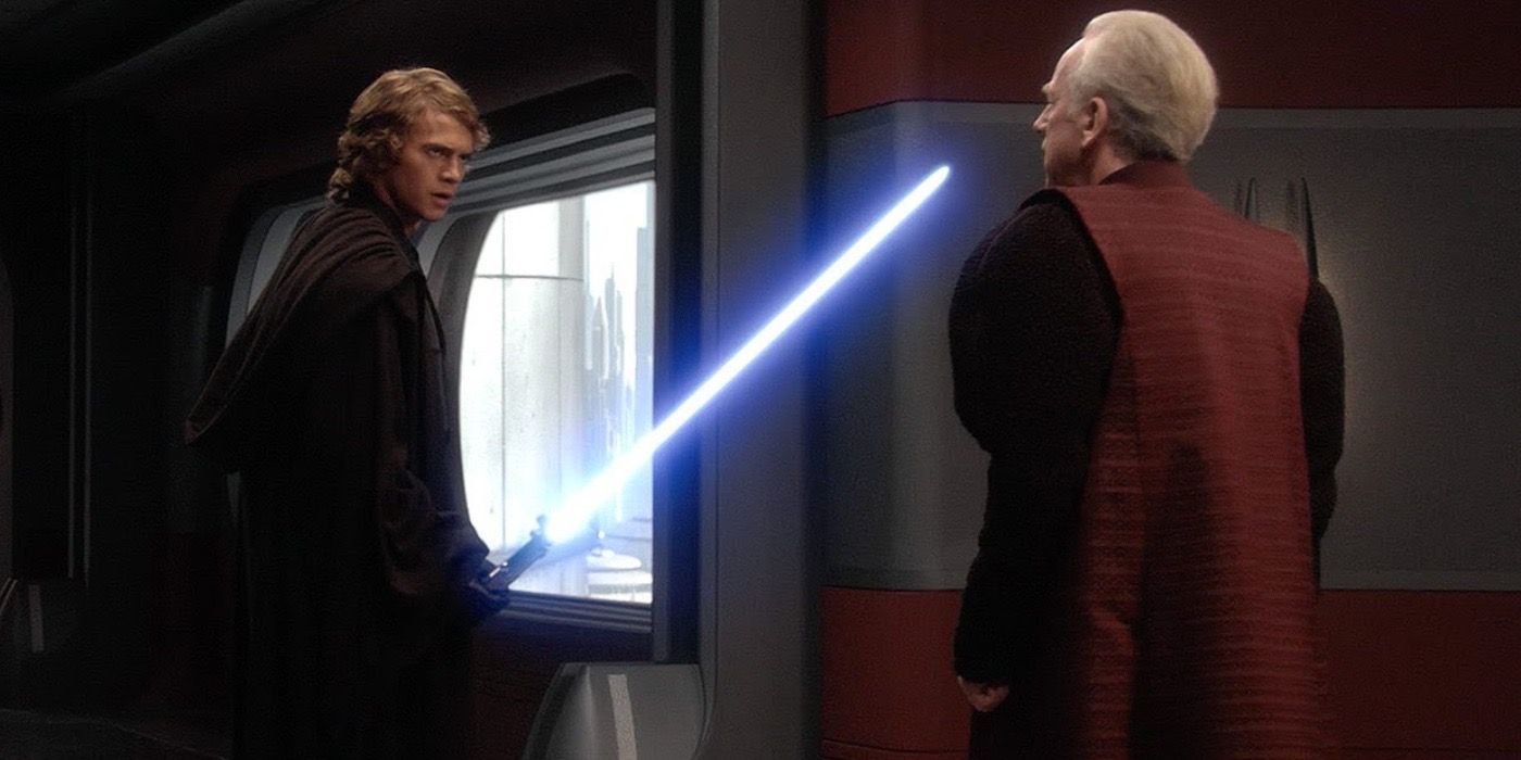 Anakin draws his lightsaber on Palpatine in the Revenge of the Sith