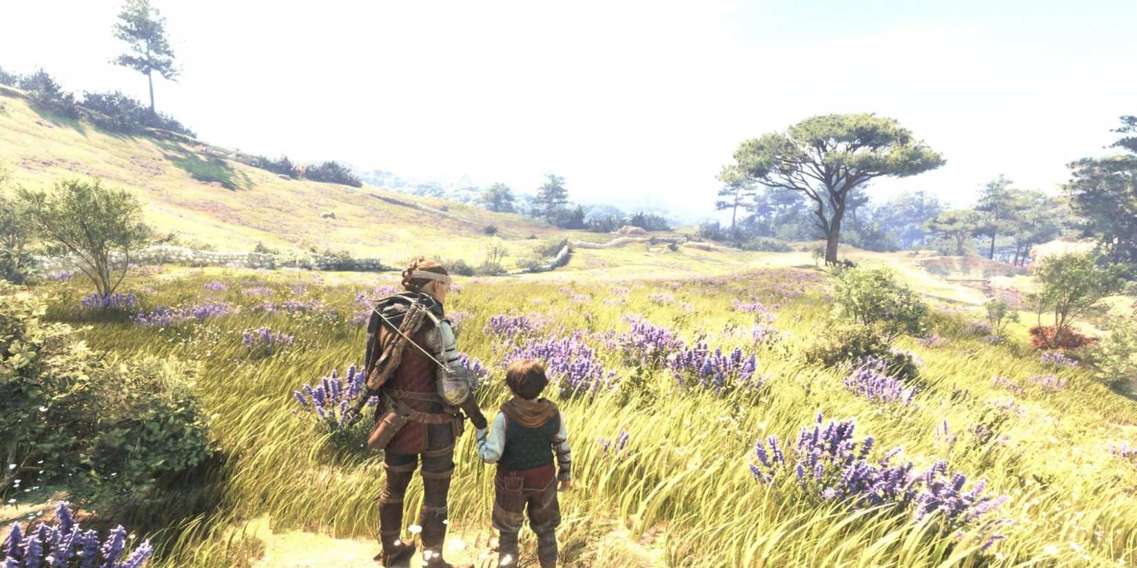 Amicia e Hugo de um conto de peste: Requiem fica em um campo brilhante e cheio de flores.