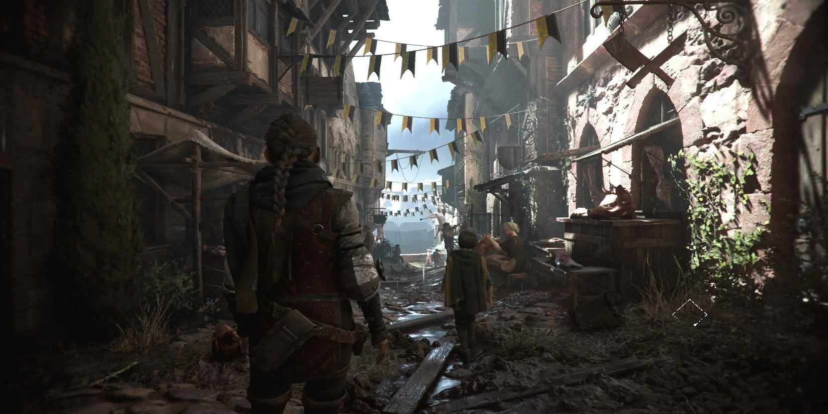 Amicia and Hugo wander through a street of a city, showing that even with the darkness of A Plague Tale: Requiem, many places are still bustling with life.