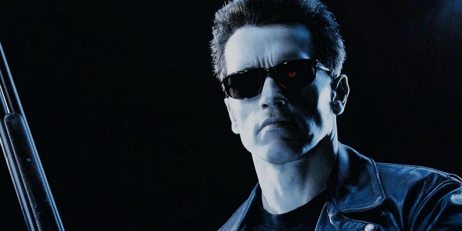 Arnold Schwarzenegger as the T-800 in the poster for Terminator 2