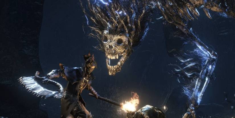 The Hunter fighting one of Bloodborne's many horrific bosses.