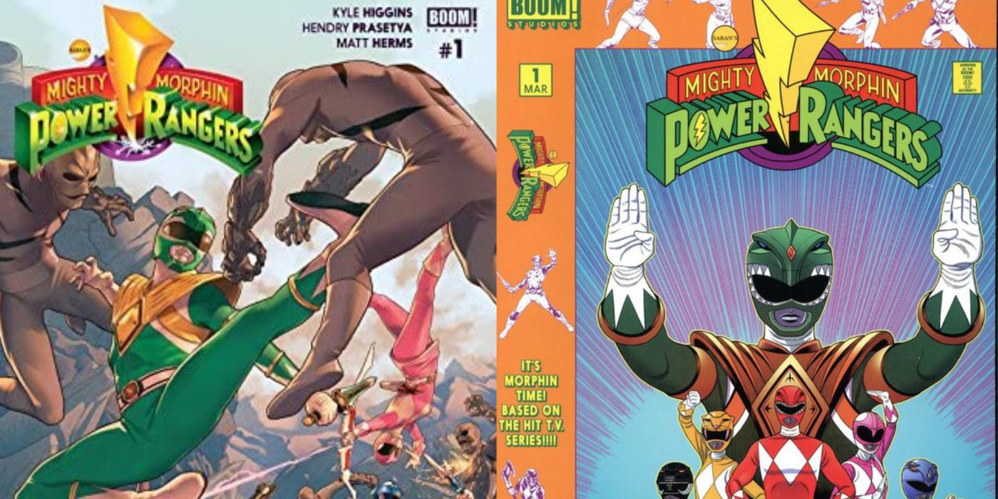 Variantes de capa de Mighty Morphin Power Rangers #1 da imagem dividida