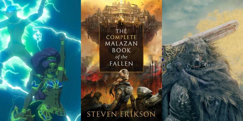 10 Fantasy Series That Rival A Song of Ice And Fire In Scope & Storytelling A split image of Urbosa from the Legend of Zelda: Breath of the Wild, the Complete Malazan Book of the Fallen by Steven Erikson, and Blaidd from Elden Ring.