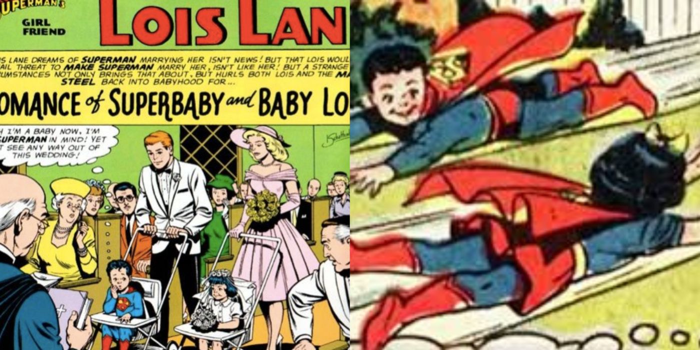 Split Image Baby Lois Lane and Superman as a baby and younger superman flying by girl