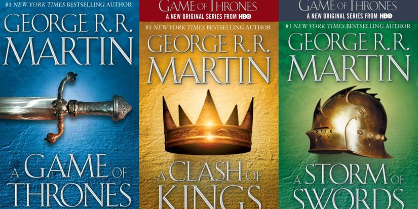 Montagem das capas dos três primeiros livros de As Crônicas de Gelo e Fogo.