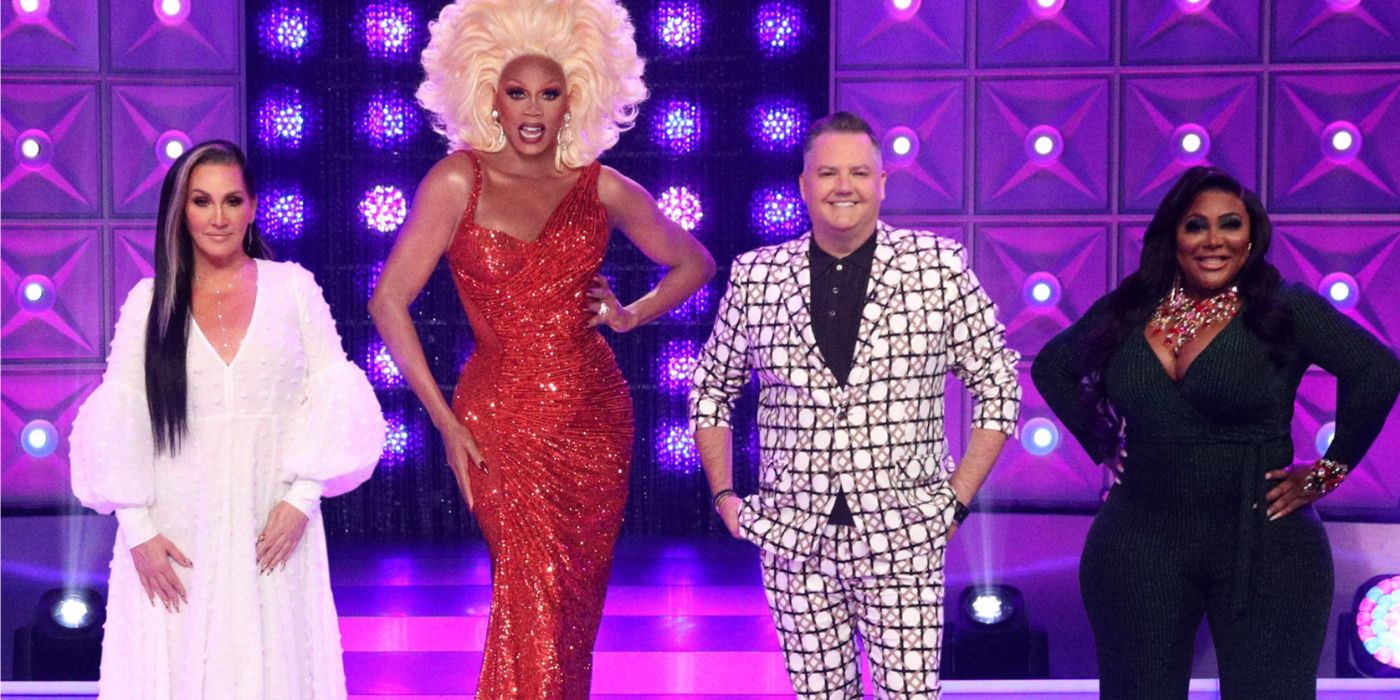 Ts Madison, Ross Matthews, RuPaul, and Michelle Visage on the main stage of Drag Race