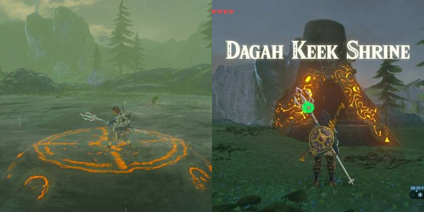 Link standing on a shrine pedestal on the left, then Link standing in front of the Dagah Keek shrine in Zelda: BOTW on the right.