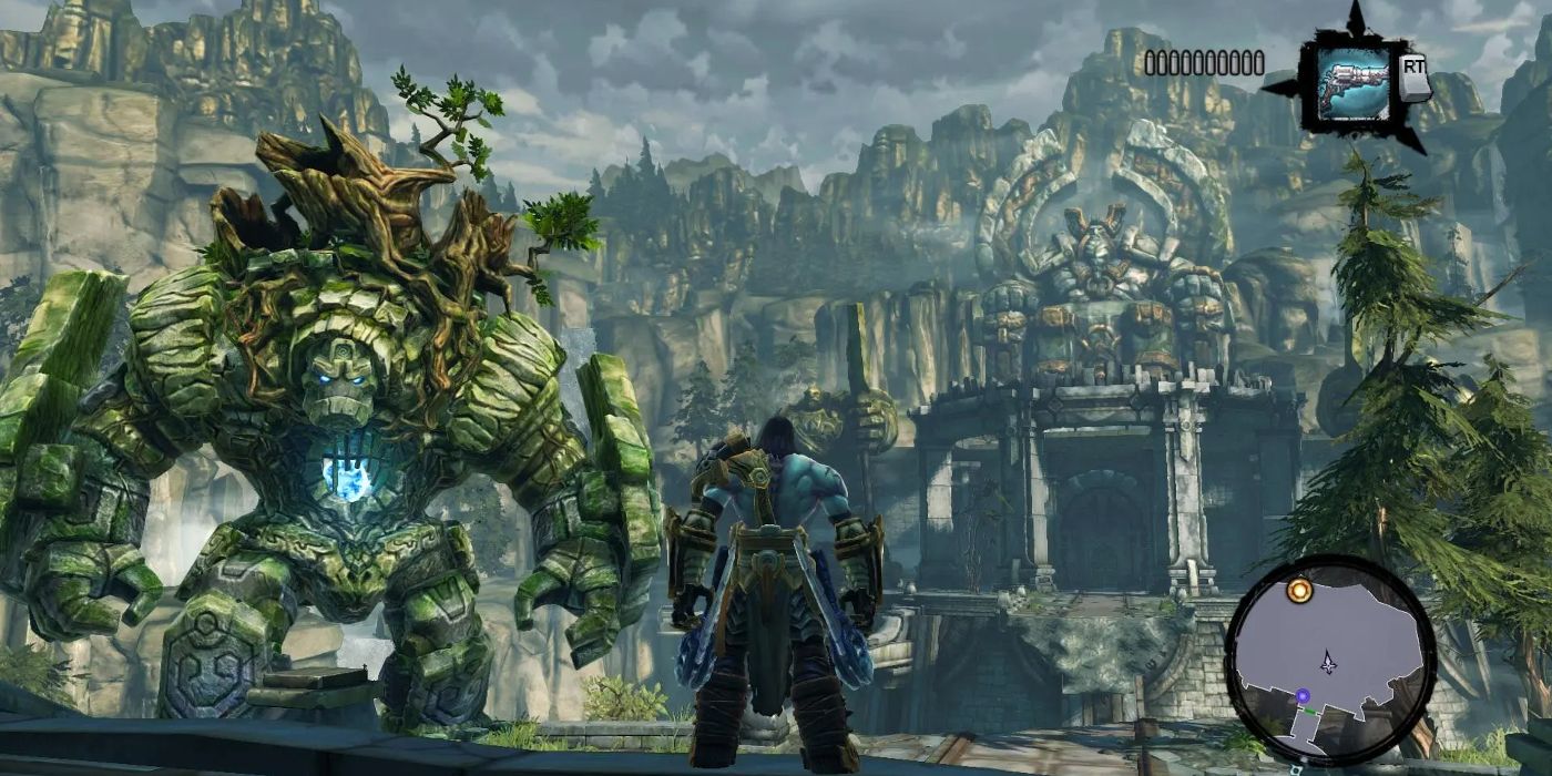 A rock monster looms large in Darksiders II in front of Death.