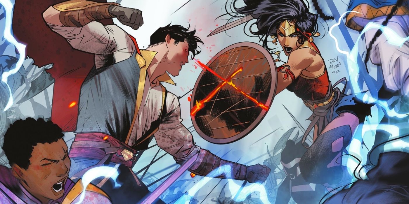 A arte da capa de Dark Knights of Steel # 9 da DC mostra Superman e Mulher Maravilha lutando