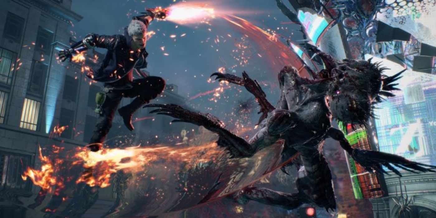 Nero in aerial combat in demons in Devil May Cry 5.