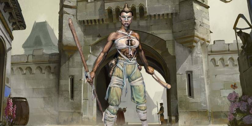 Ember, the 3.5e iconic monk from Dungeons and Dragons with a sling and quarterstaff