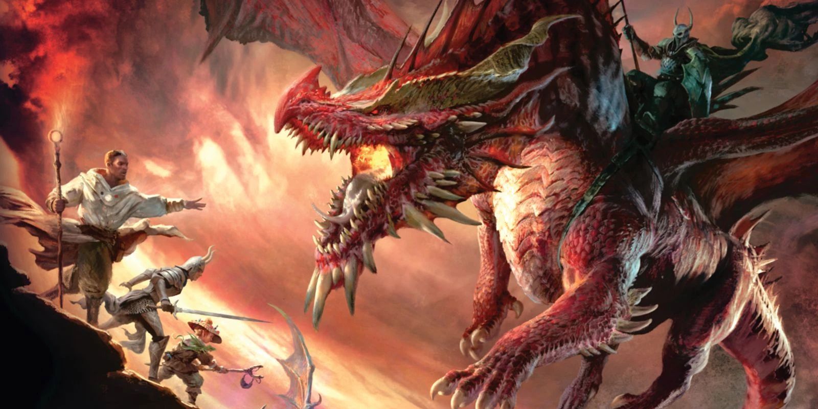 Cover art for D&D's Dragonlance: Shadow of the Dragon Queen Deluxe Edition, showing an armored enemy riding on the back of a red dragon, which is about to shoot fire at a party standing on the ground.