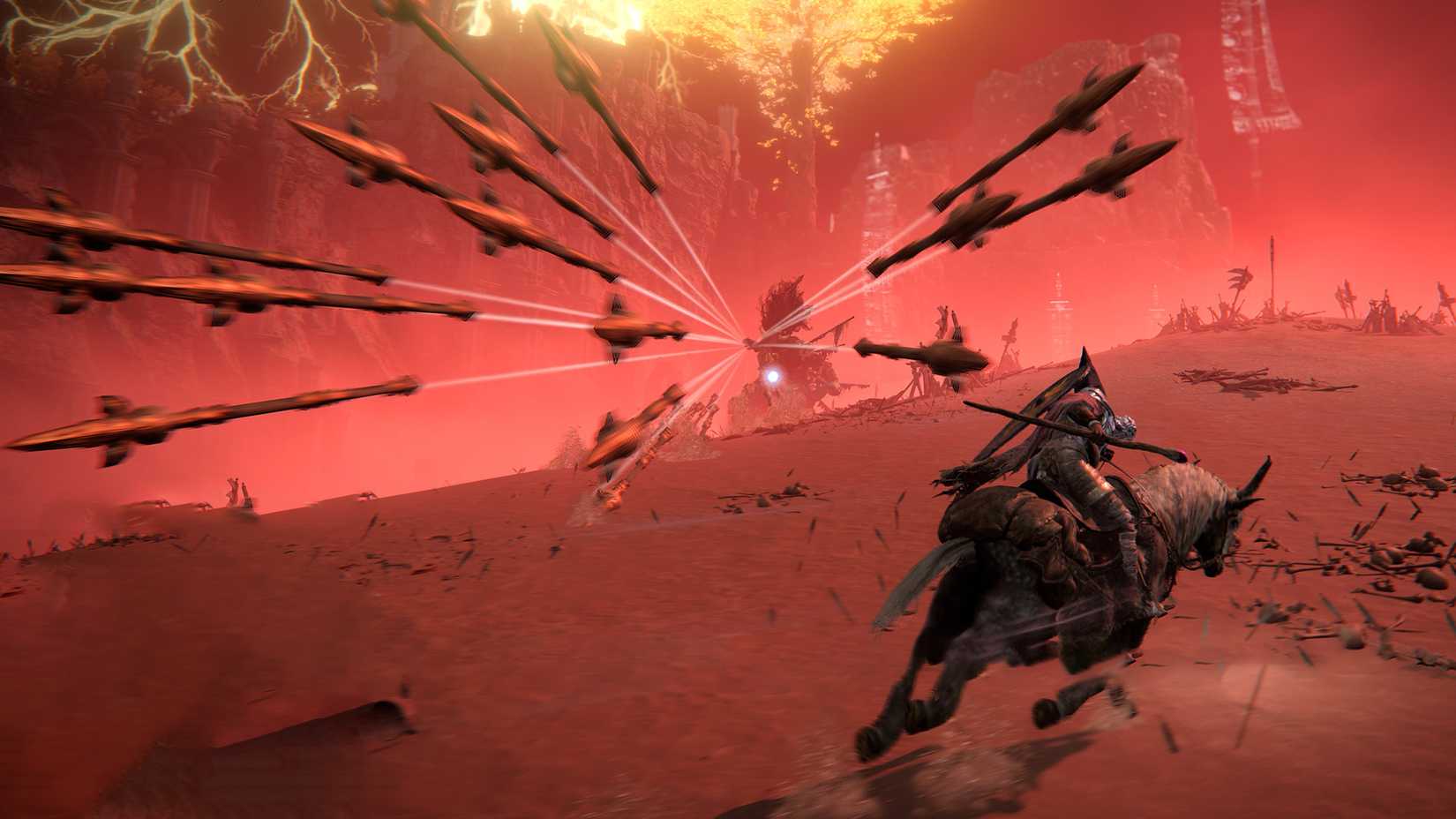 Elden Ring boss Radahn is seen shooting a flurry of car-sized arrows towards the player as they dodge to the side on their horse.