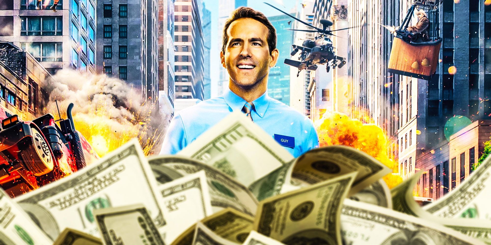 Guy from Free Guy behind a stack of money.