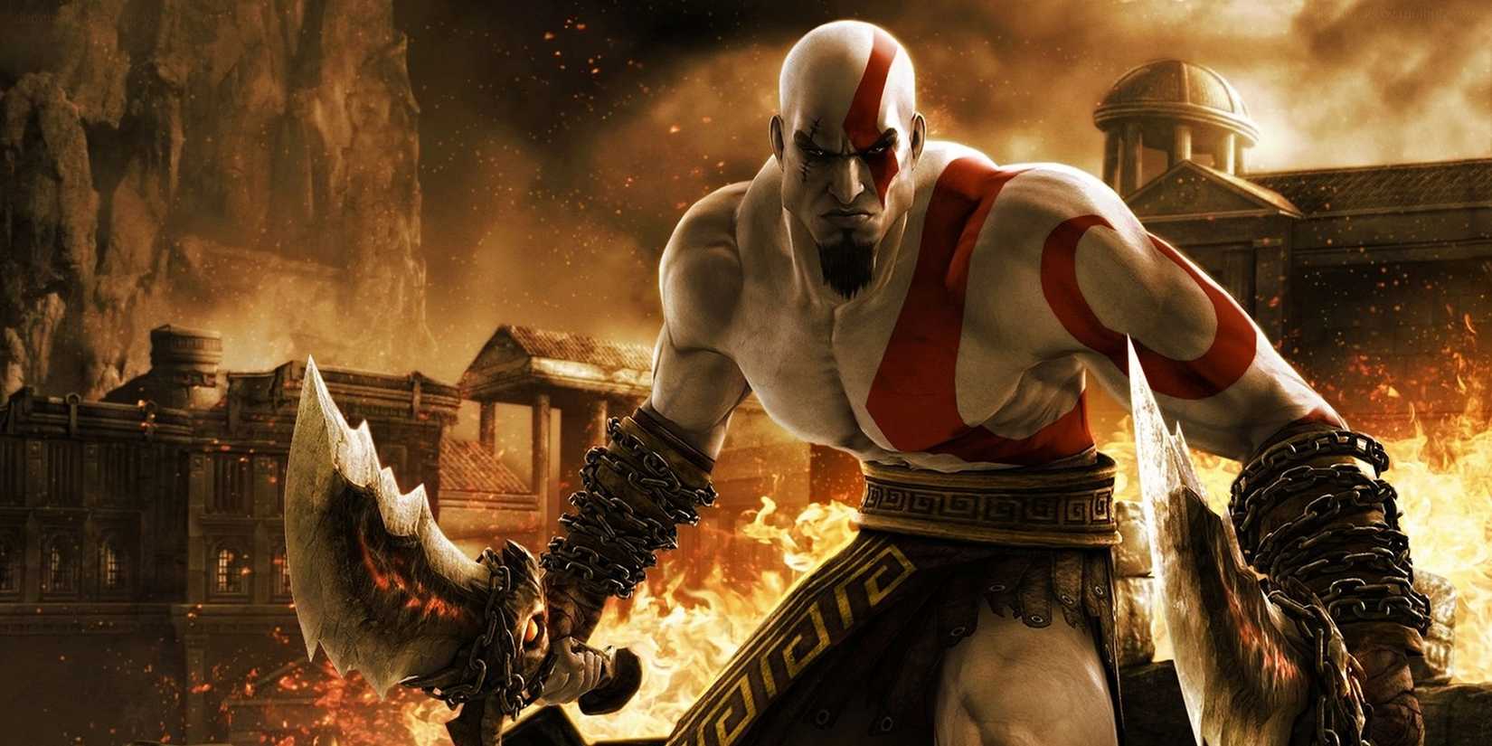 God of War 1 Kratos standing before a burning city with his blades brandished
