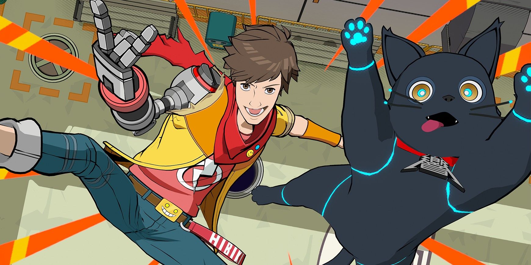 Hi-Fi Rush's Chai poses in the air along with his robotic cat, 808.