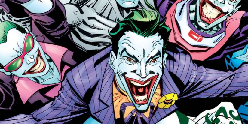The Joker laughs in the crowd of other Jokers.