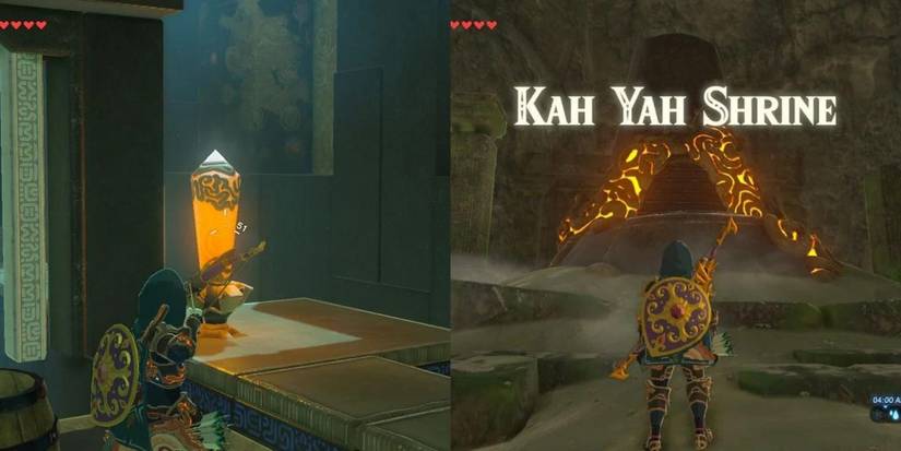 Link drawing his bow at a glowing orange object on the left, then Link standing in front of the Kah Yah Shrine in Zelda: Breath of the Wild