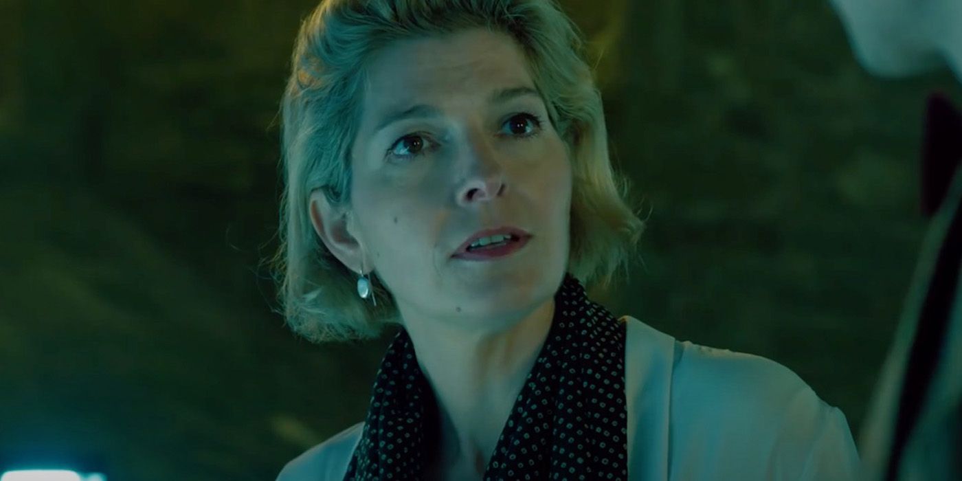 kate stewart, the leader of unit, looking toward the doctor in doctor who