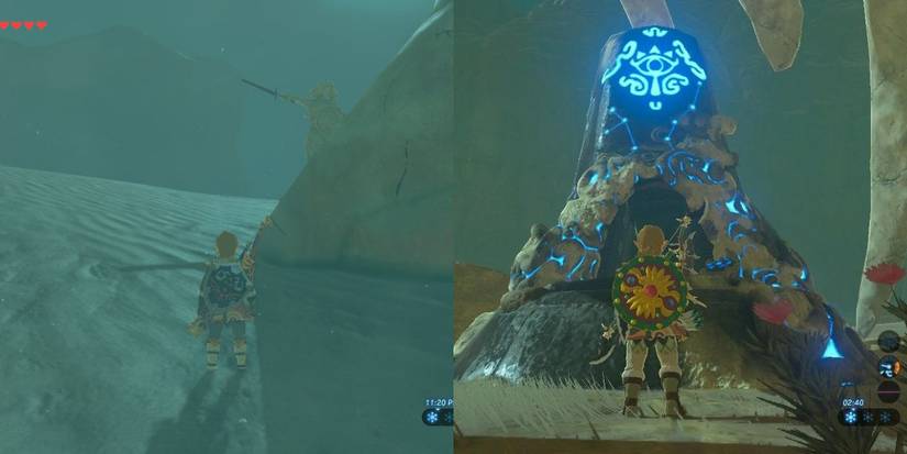 Link standing in a sandy setting on the left, and then Link standing at the entrance to Kema Zoos Shrine in Zelda:  Breath of the Wild on the right.