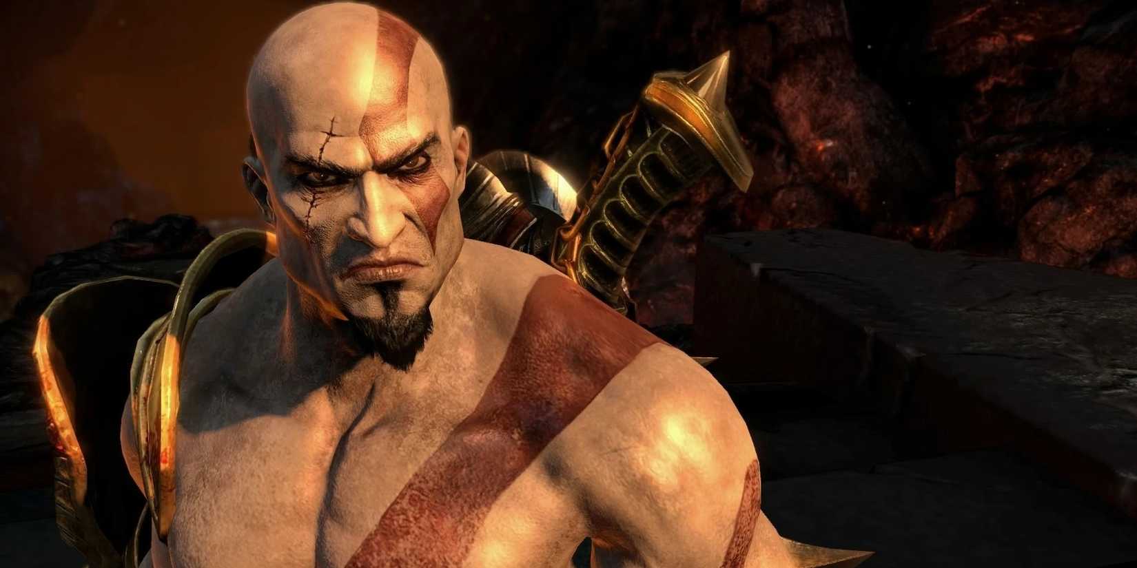 An image of Kratos from God of War 3 staring angrily