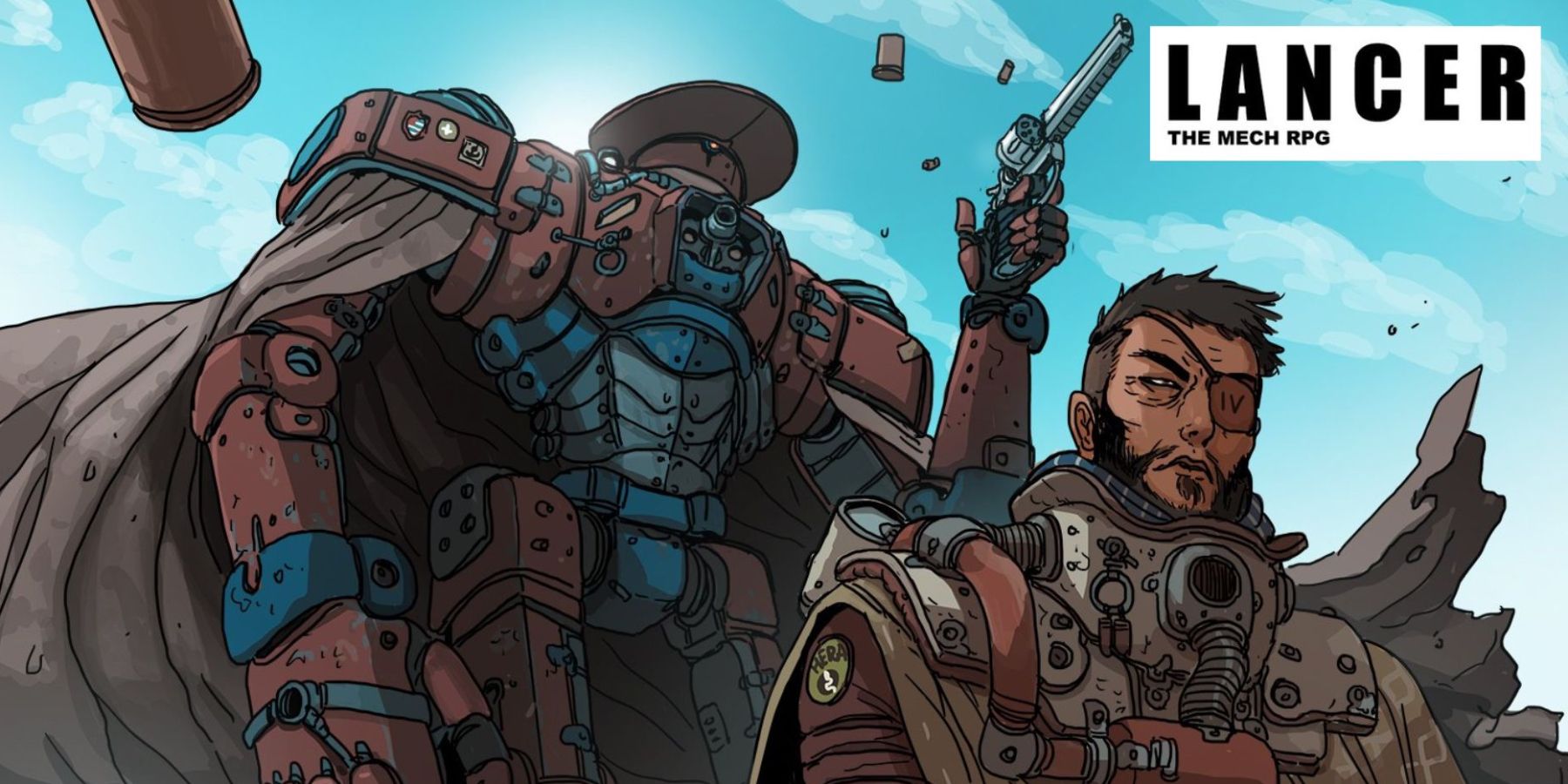 Artwork for Lancer, a space western mech tabletop RPG. A man with an eye patch stands in front of his towering mech, which has a cape, cowboy hat, and a giant revolver.