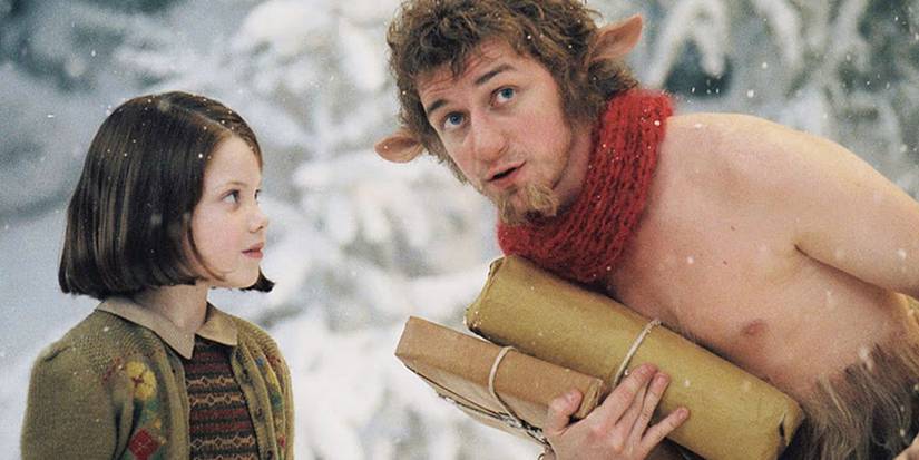Mr. Tumnus and Lucy Pevensie meeting for the first time in Narnia.