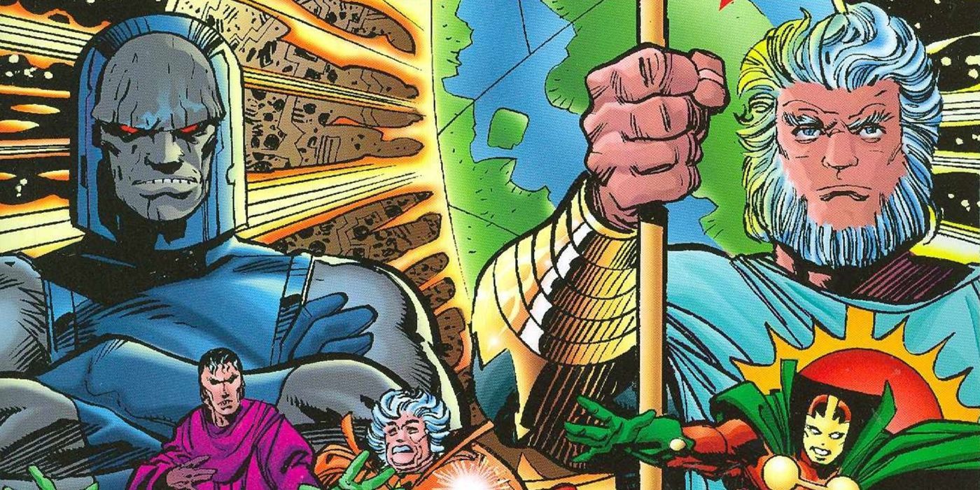 Darkseid (left) and other New Gods from DC Comics.