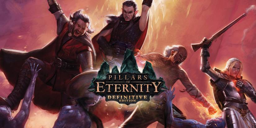 Pillars of Eternity promo art featuring the group of heroes leaping into battle.