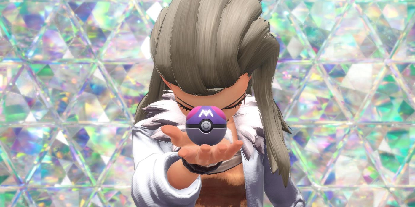 The AI Professor Sada in Pokémon Scarlet holding up a Master Ball to start the game's penultimate confrontation in Area Zero.