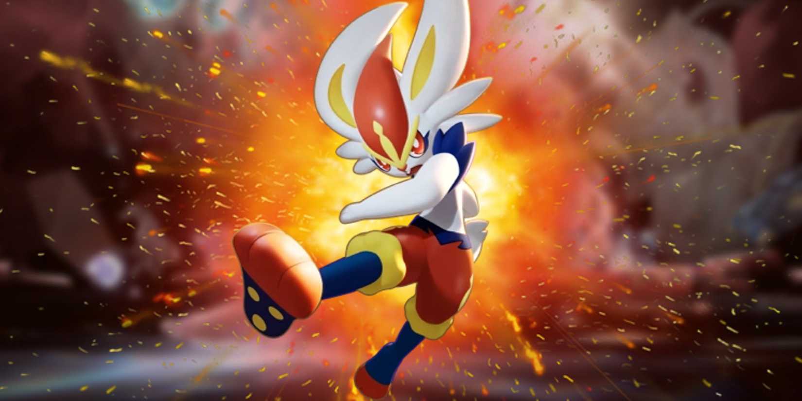 Pokémon's Cinderace kicking the air with an explosion behind it. In the background is a Tera Raid cavern.
