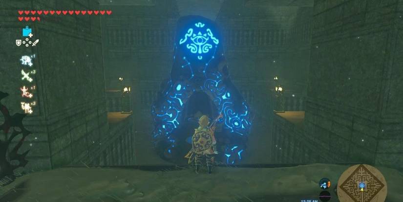 Link standing and looking at the Qaza Tokki Shrine in Zelda: Breath of the Wild