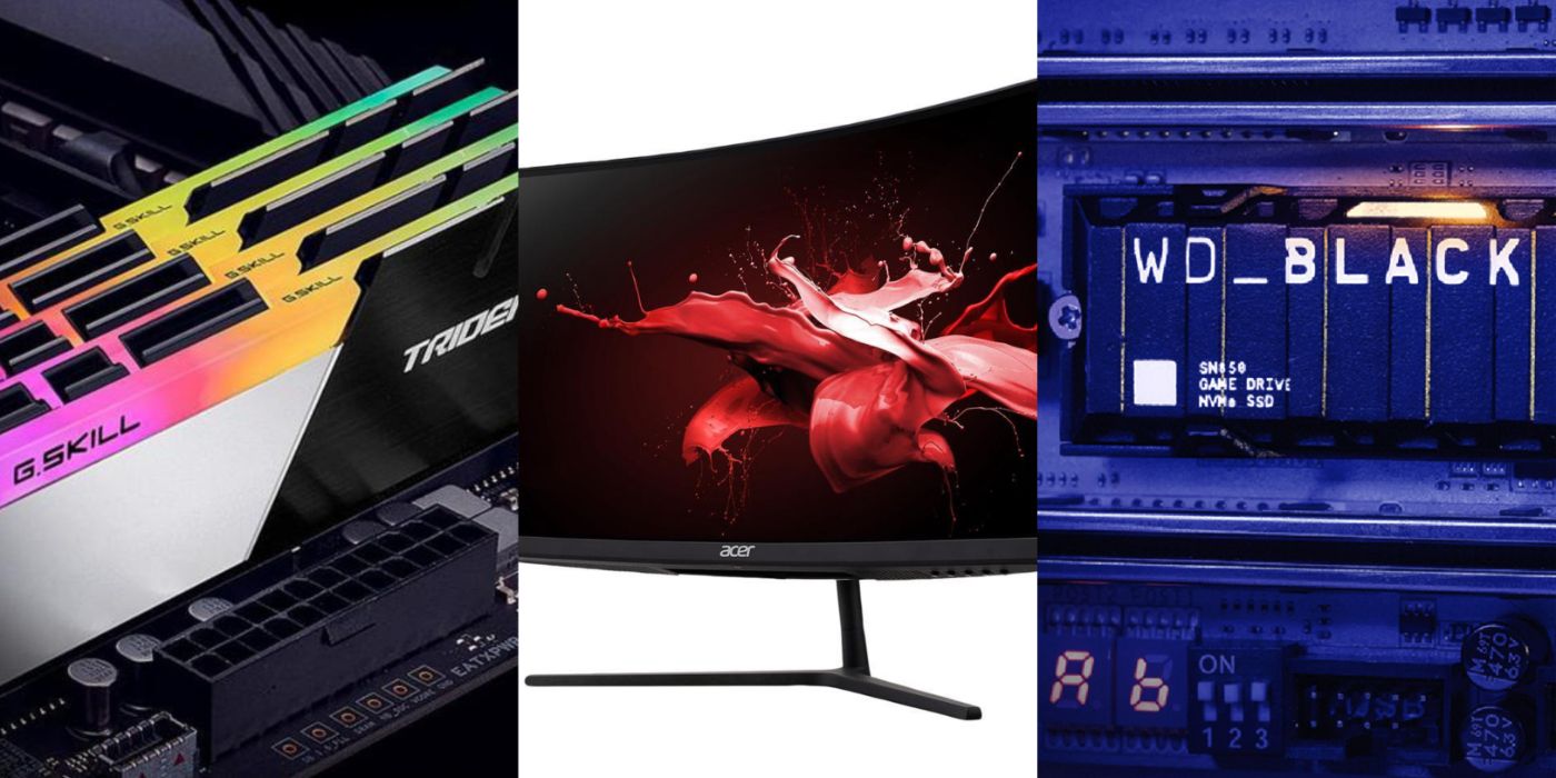 Imagem dividida de Trident RAM, um monitor de PC Acer e um SSD WD Black.