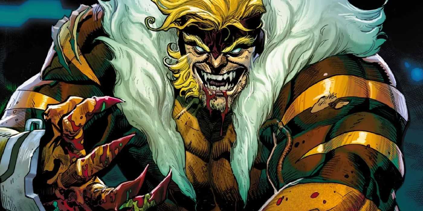 Sabretooth smiling with blood on his claws and teeth in Marvel Comics