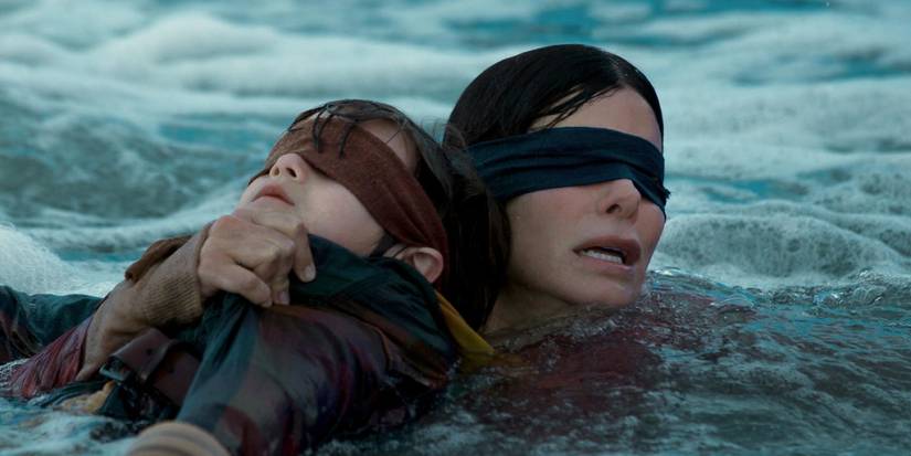 sandra bullock swimming with a blindfold in bird box