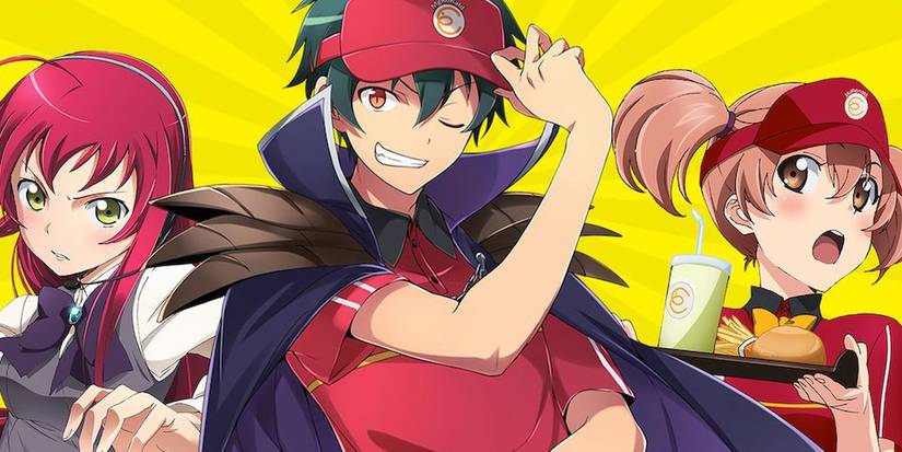 Sadao Maou, Emilia Justina et Chiho Sasaki posant sur l'affiche du diable est un temps partiel!